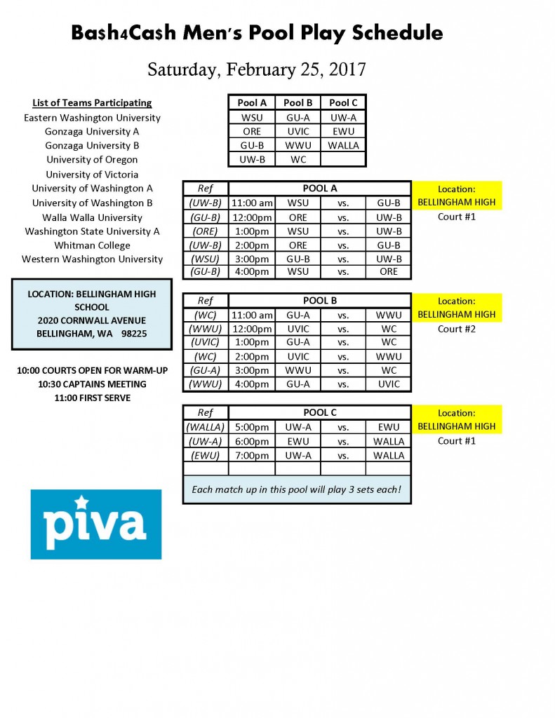PIVA B4C Mens Pool Schedule